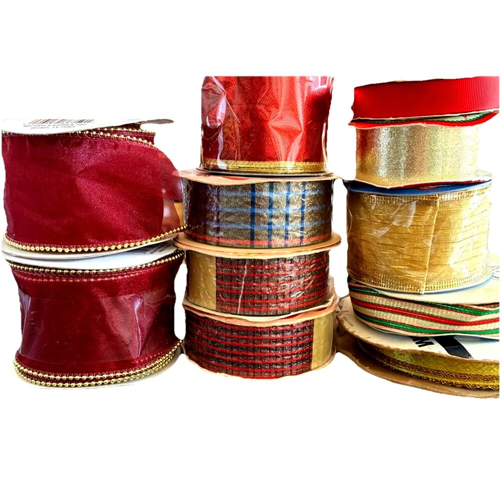 VTG Christmas Holiday Gift Wrapping PLAID Ribbon Rolls RED GOLD Satin Lot 10